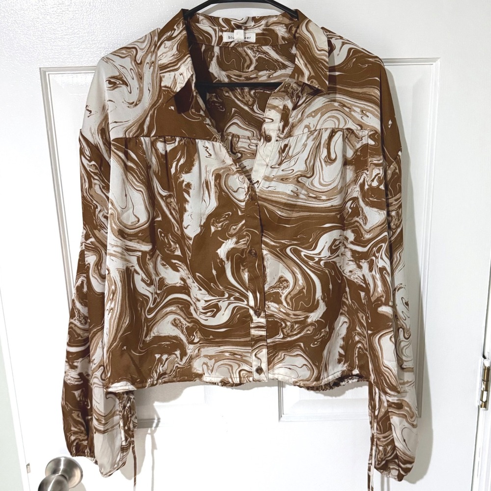 Blu Pepper Brown Marble Print Cropped Button Down Blouse Top Large B25T1097BU